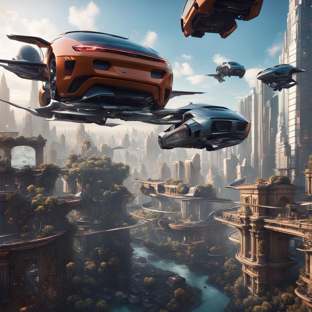 Flying Cars Over Future City: Detailed Matte Painting