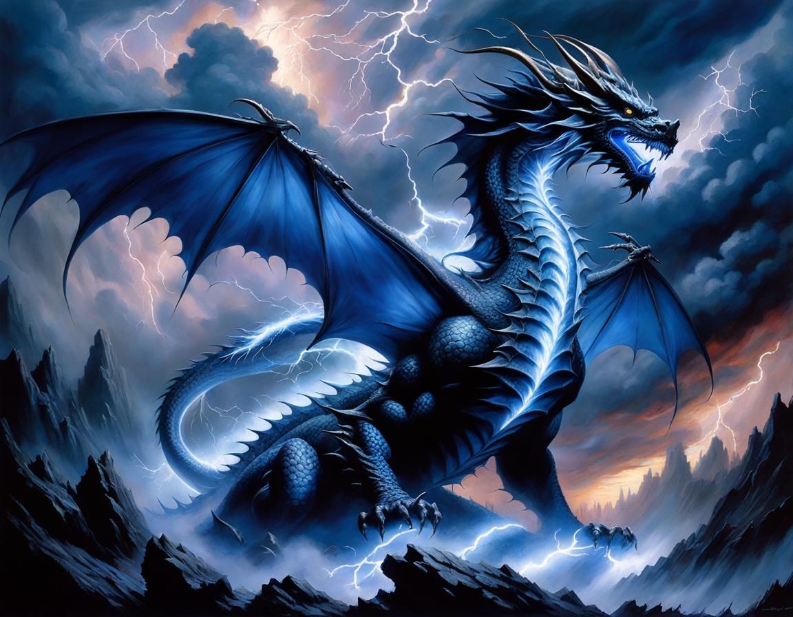 Blue Dragon Unleashes Lightning: Digital Sfumato Painting