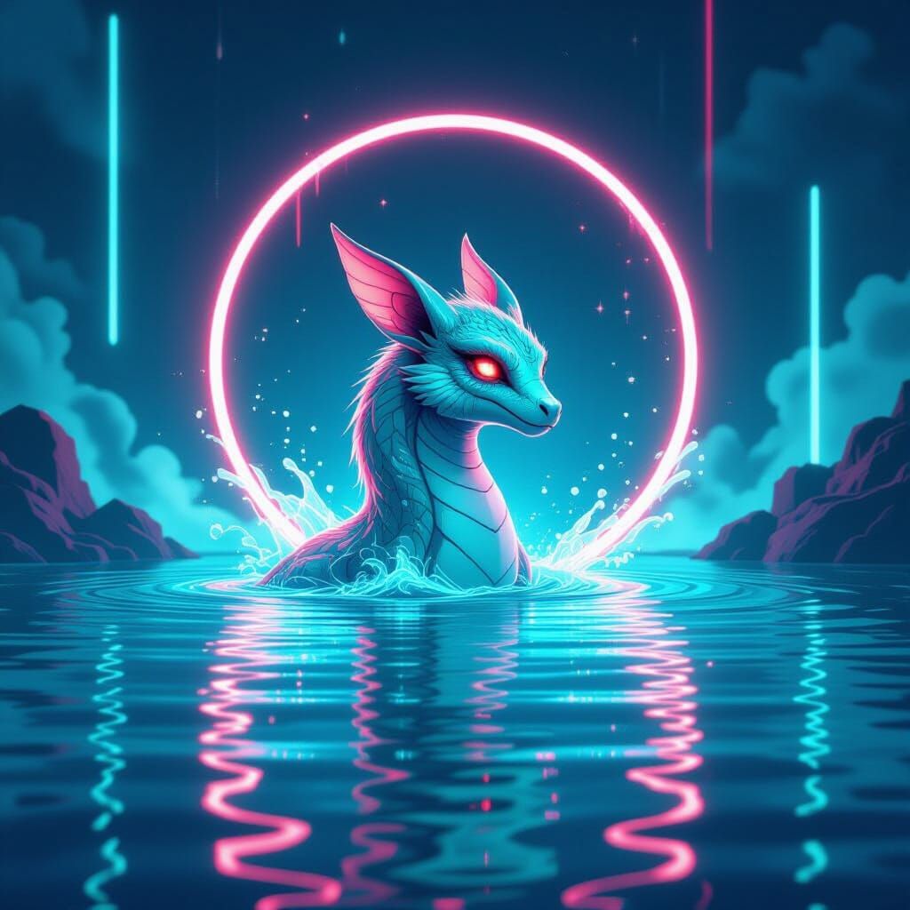 Teal and Rose Fantasy Creature in Synthwave Mirror