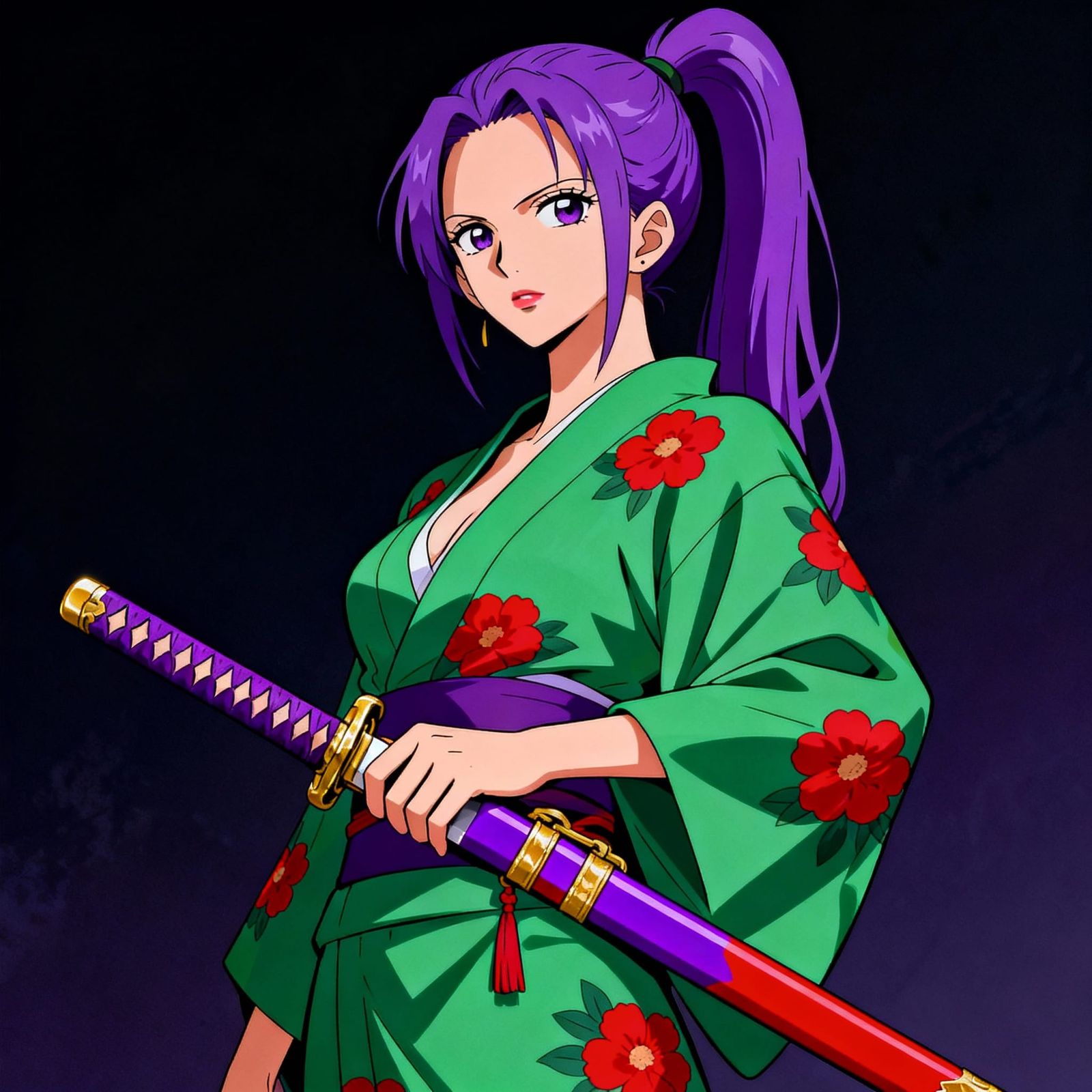 Purple Haired Woman in Green Kimono with Katana