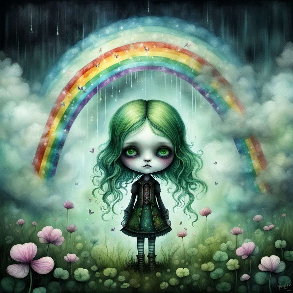 Faded Clover Under Rainbow: Surreal Gothic Alcohol Ink Art
