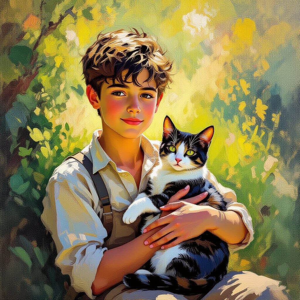Boy with Cat in Neo-Impressionist Style