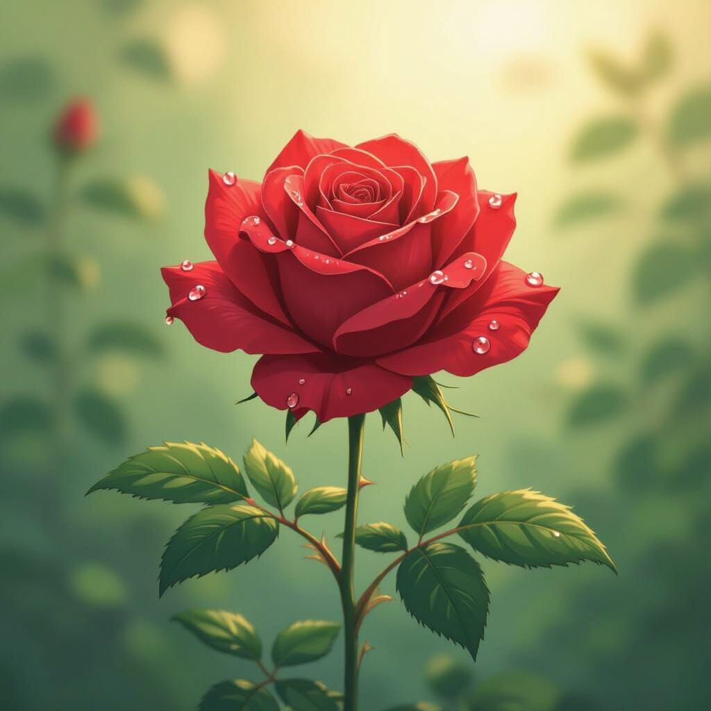 Red Rose with Dew Drops in Vibrant Manga Style