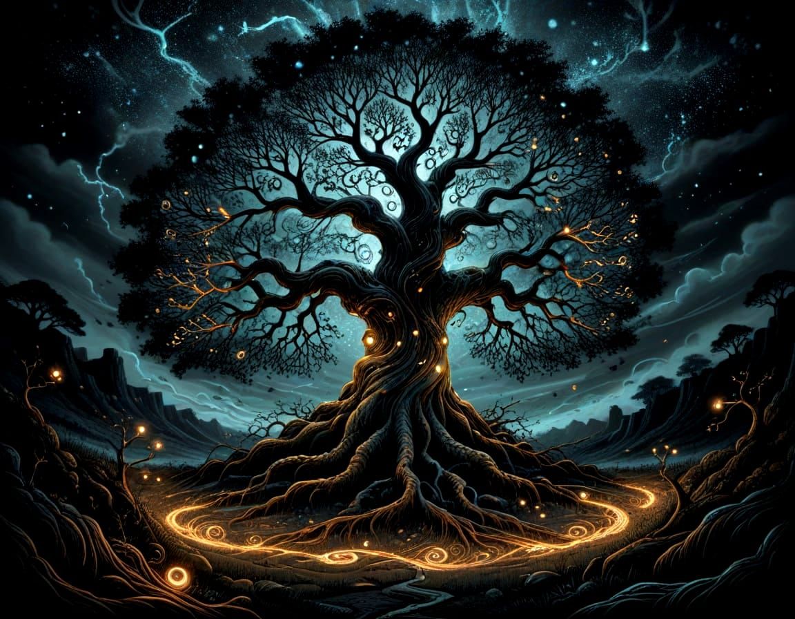 Enchanted Tree in Monochromatic Scratchboard Art