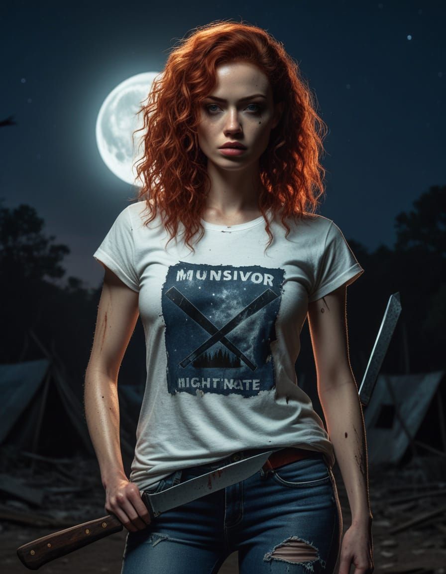 Red-Haired Survivor with Machete Under Full Moon