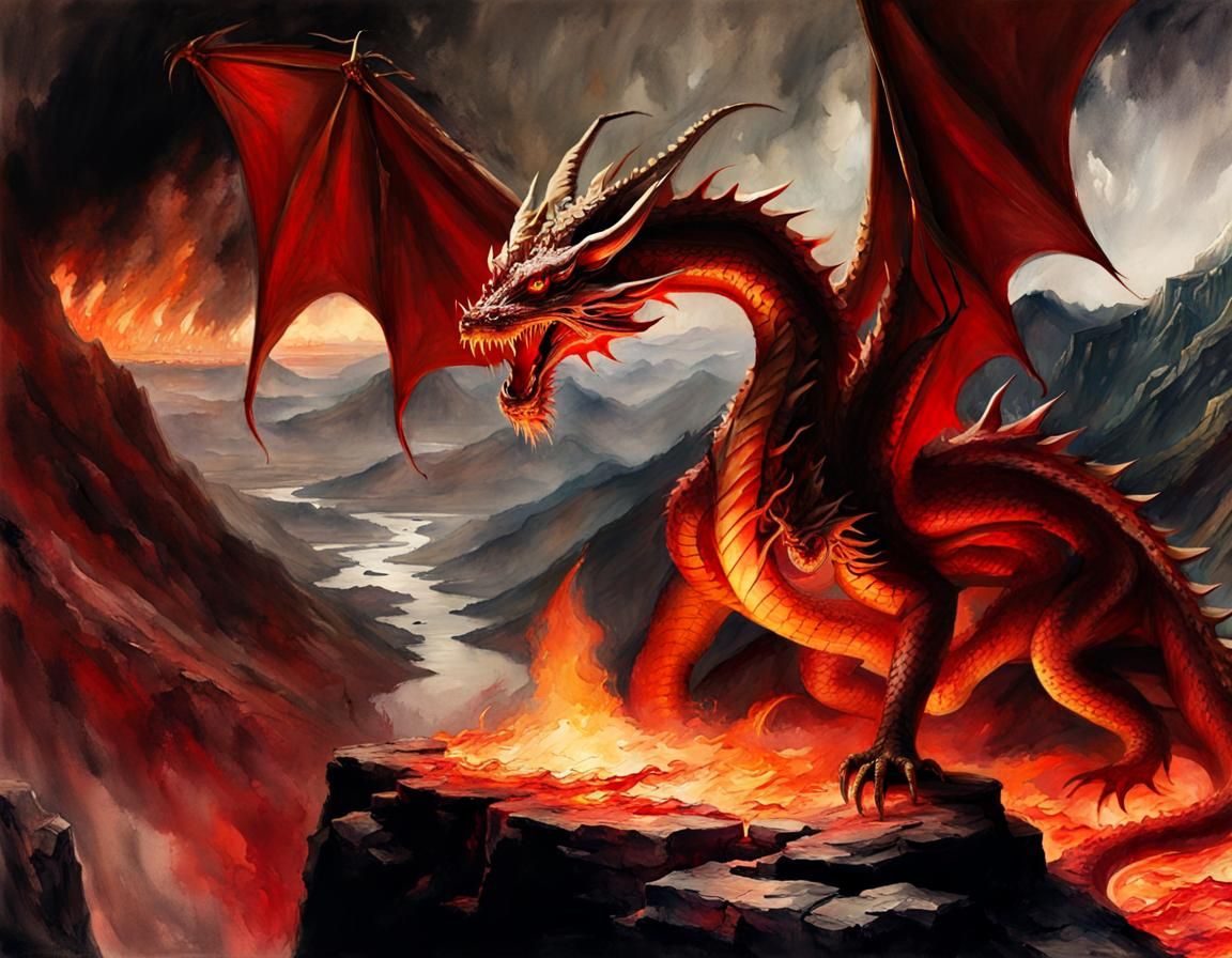 Fiery Dragon in Mountainous Landscape: Watercolor Art