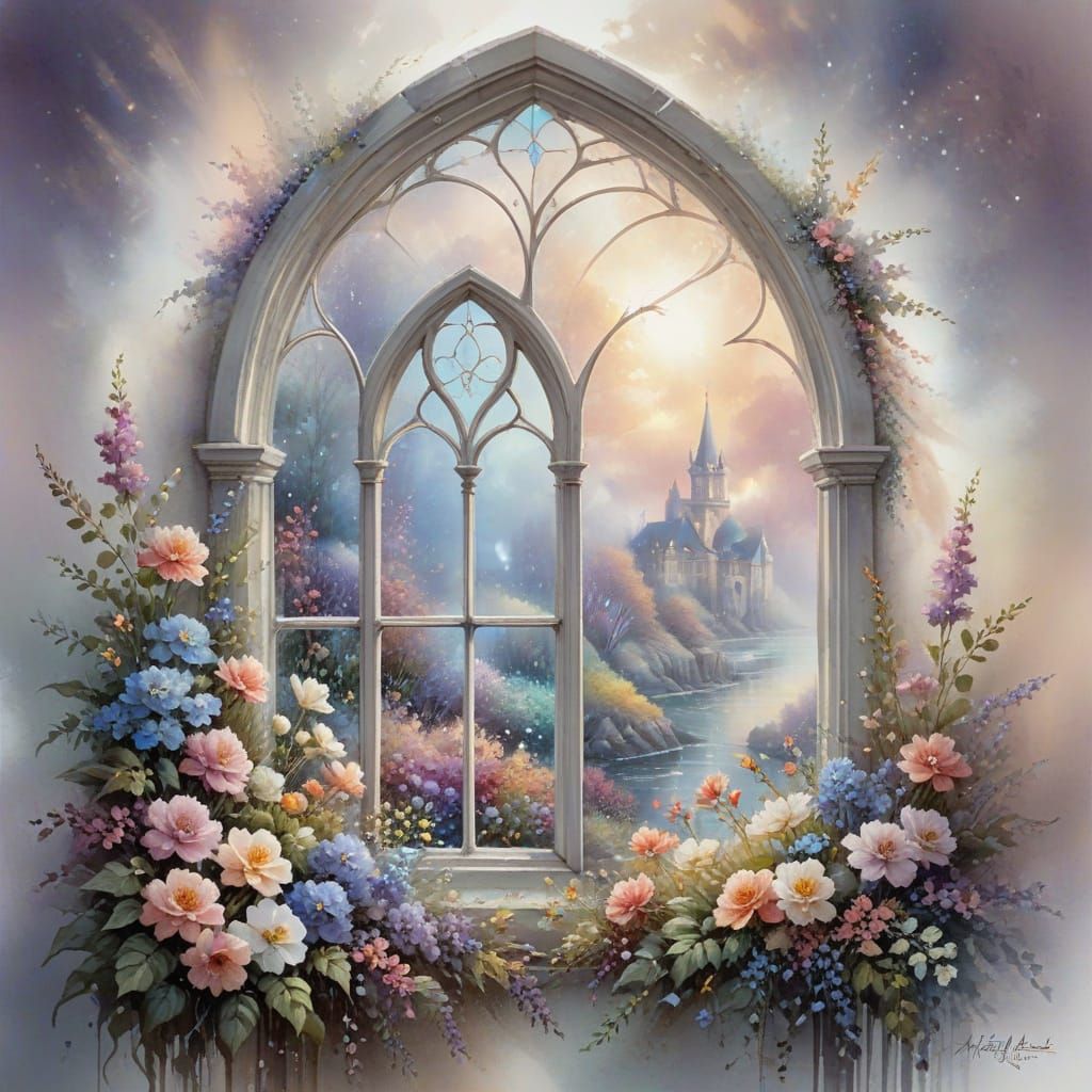 Ethereal Watercolour Window with Flowers and Mist