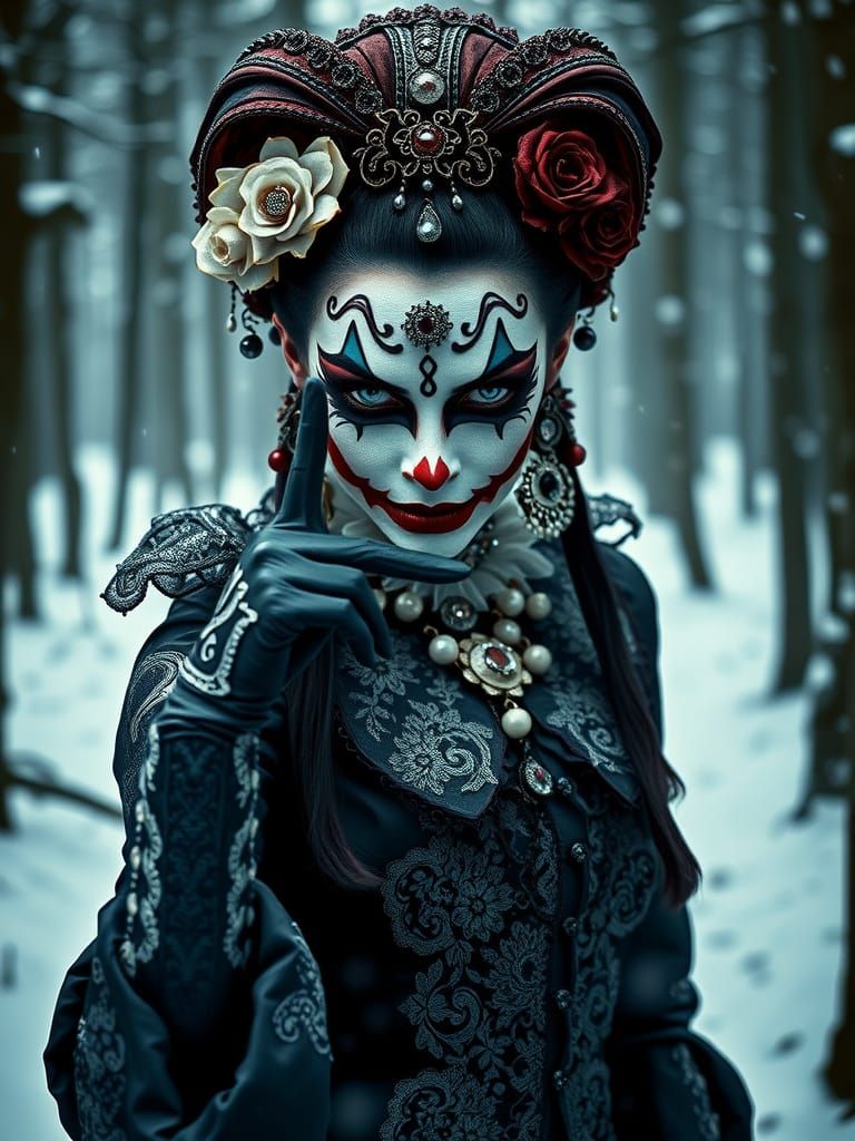 Harlequin Woman's Sinister Smile in Winter Forest