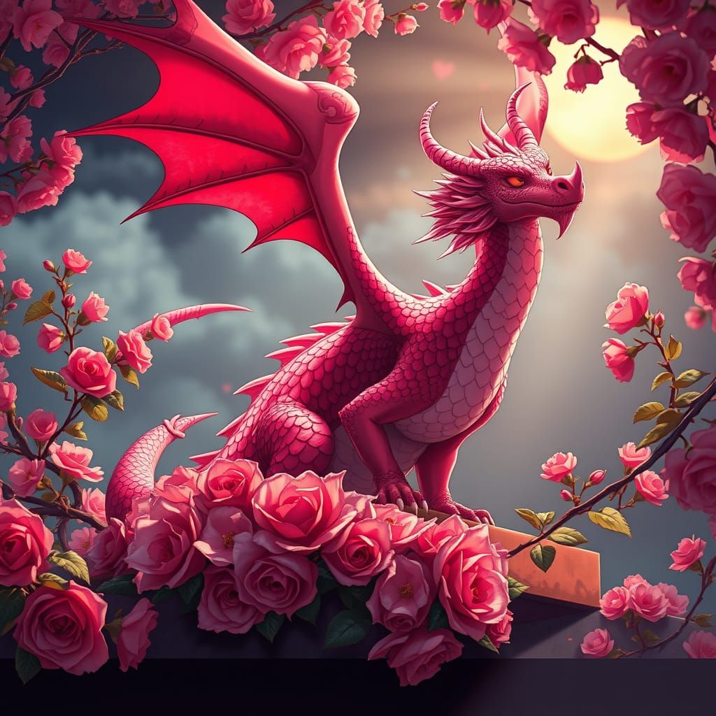Vibrant Valentine Dragon Perched on Rose-Adorned Ledge