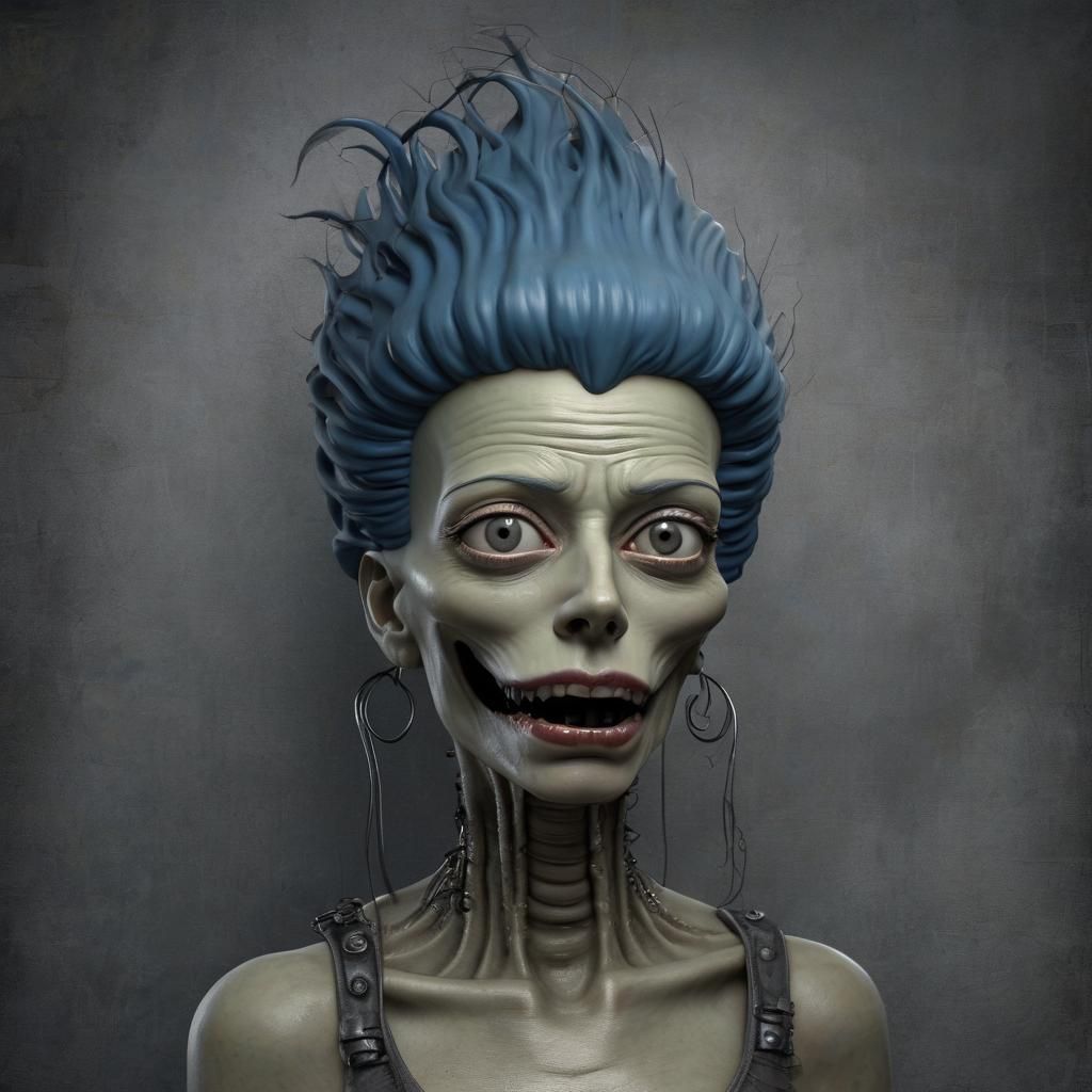 A hyper-realistic Halloween picture of Marge Simpson, from the cartoon "The Simpsons" with a blend of H.R. Giger's biome...