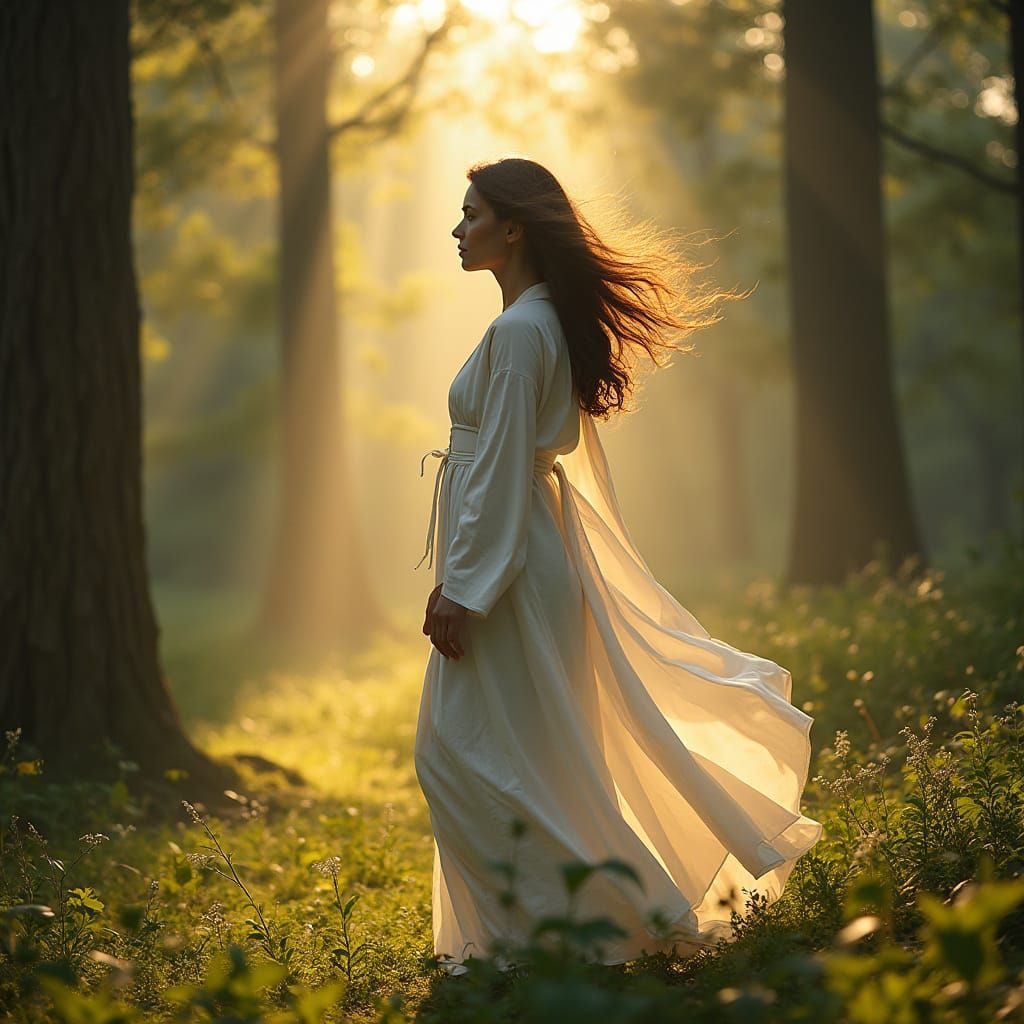 Woman in Forest Dawn, Ultra-Realistic 8K