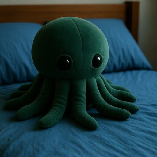 Green Cthulhu Plushie on Blue Bed
