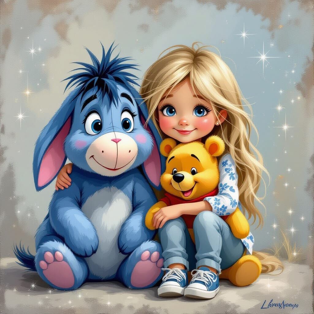Girl Hugs Eeyore and Pooh in Whimsical Winter Scene