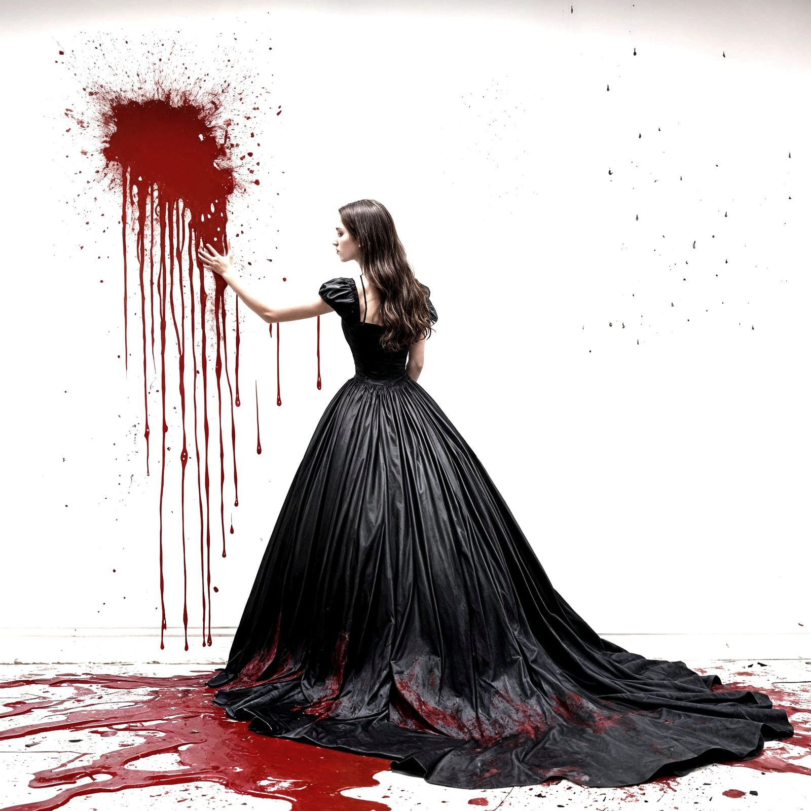 Woman in Black Gown Amidst Red Chaos
