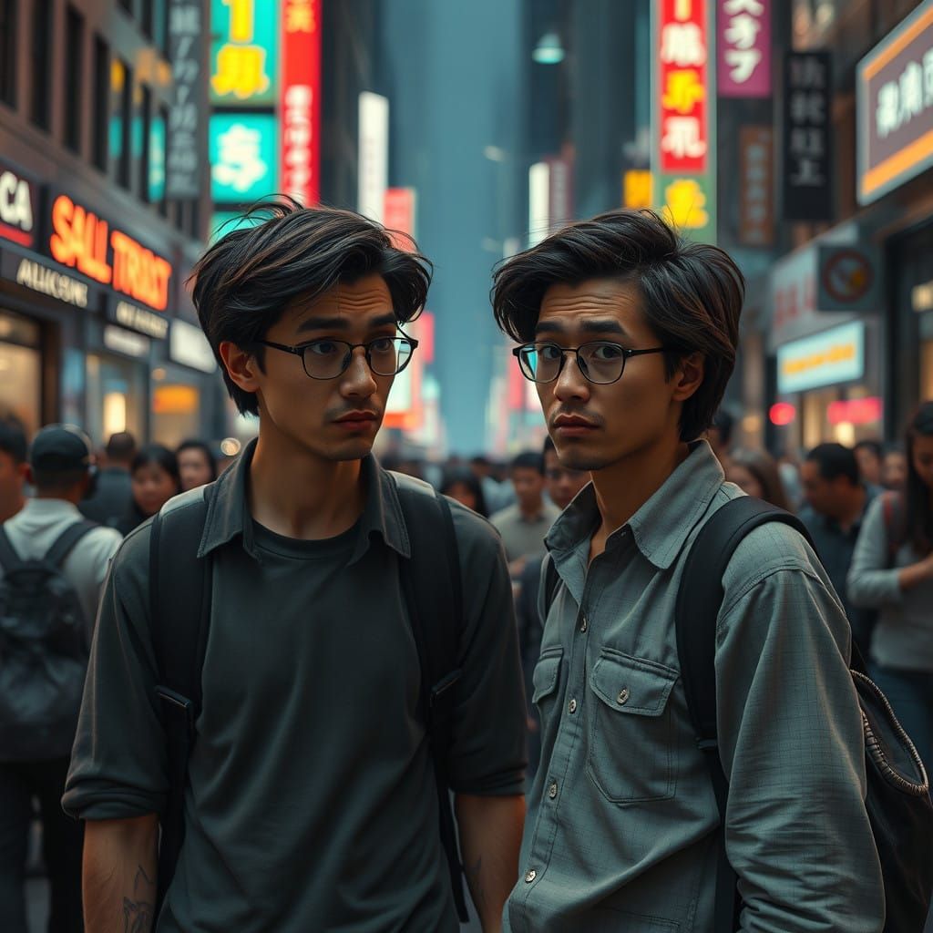 Futuristic Doppelganger Encounter on a Bustling City Street