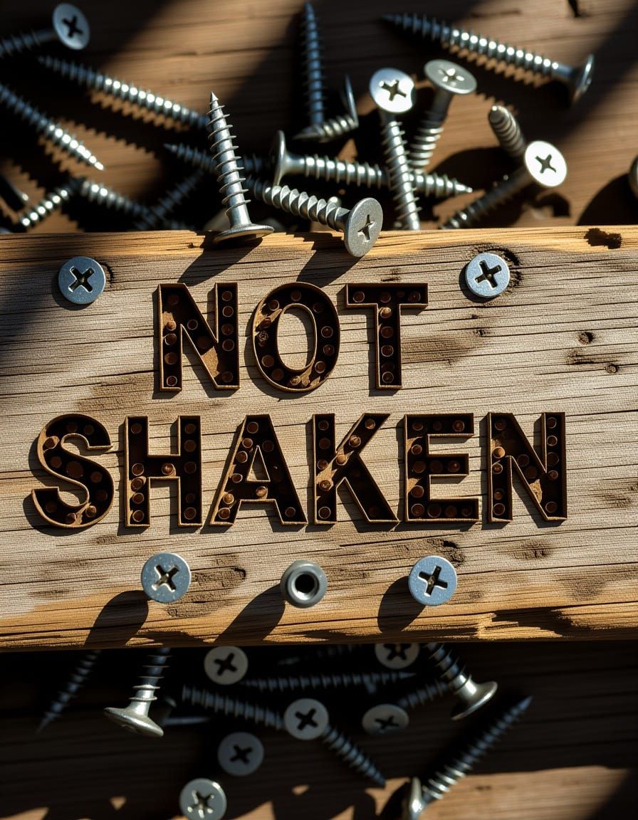 Photorealistic "Not Shaken" Text Formed by Screws on Wood