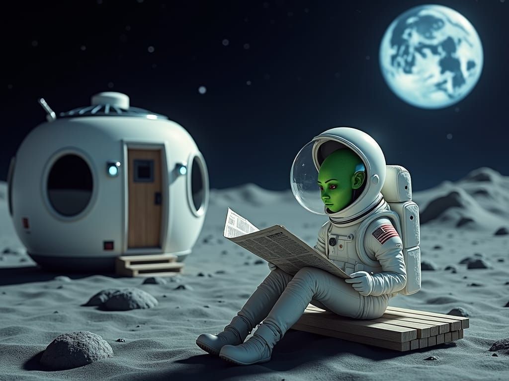 Alien Reads Newspaper on Moon, Earth Visible