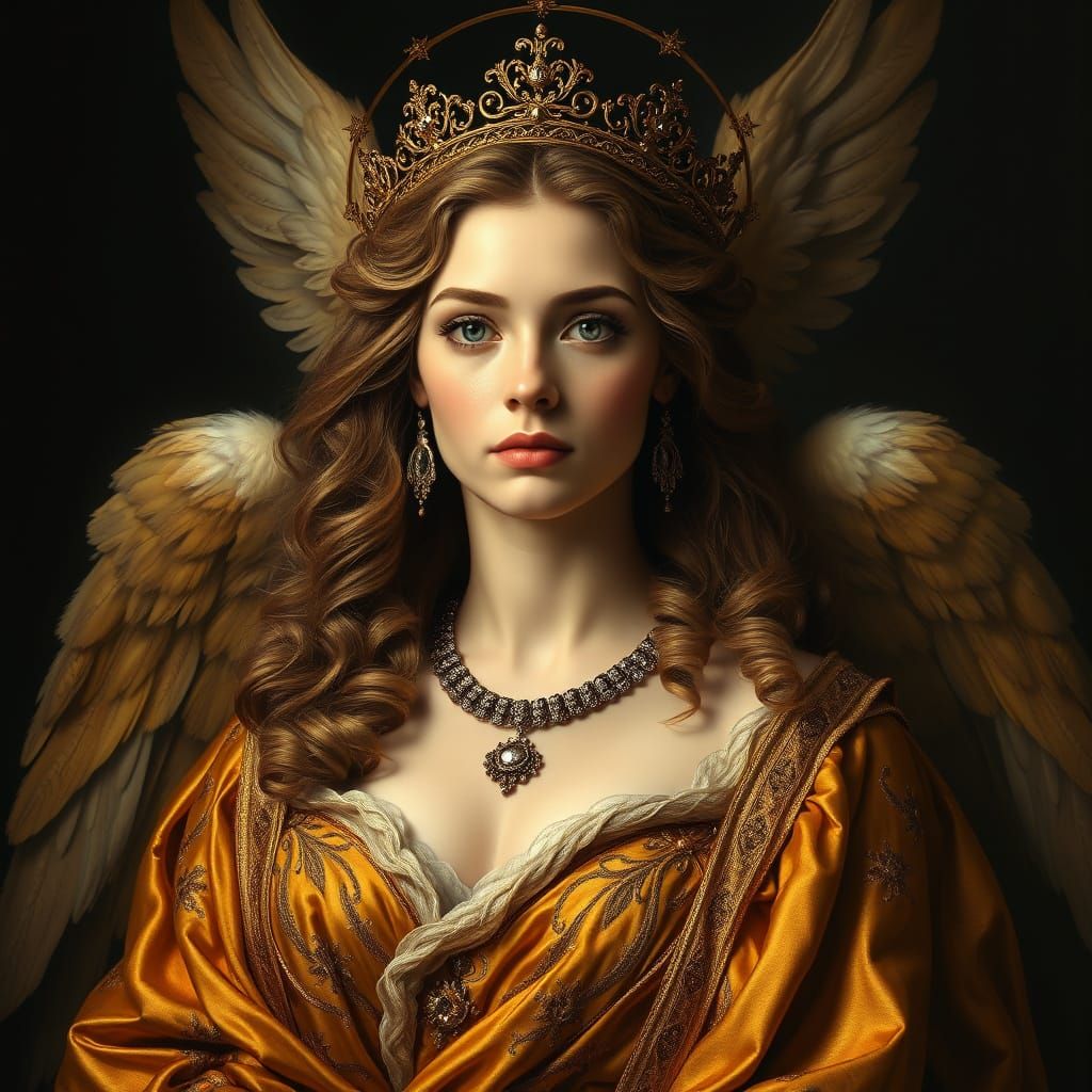 Majestic Celestial Queen in Golden Robes, Rembrandt-Inspired