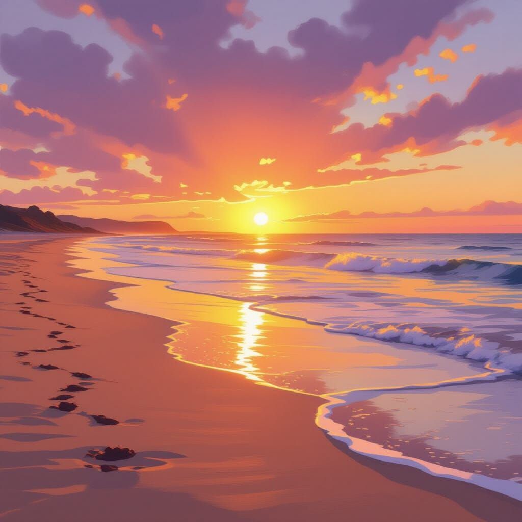 Serene Beach Sunset with Golden Light and Vibrant Sky