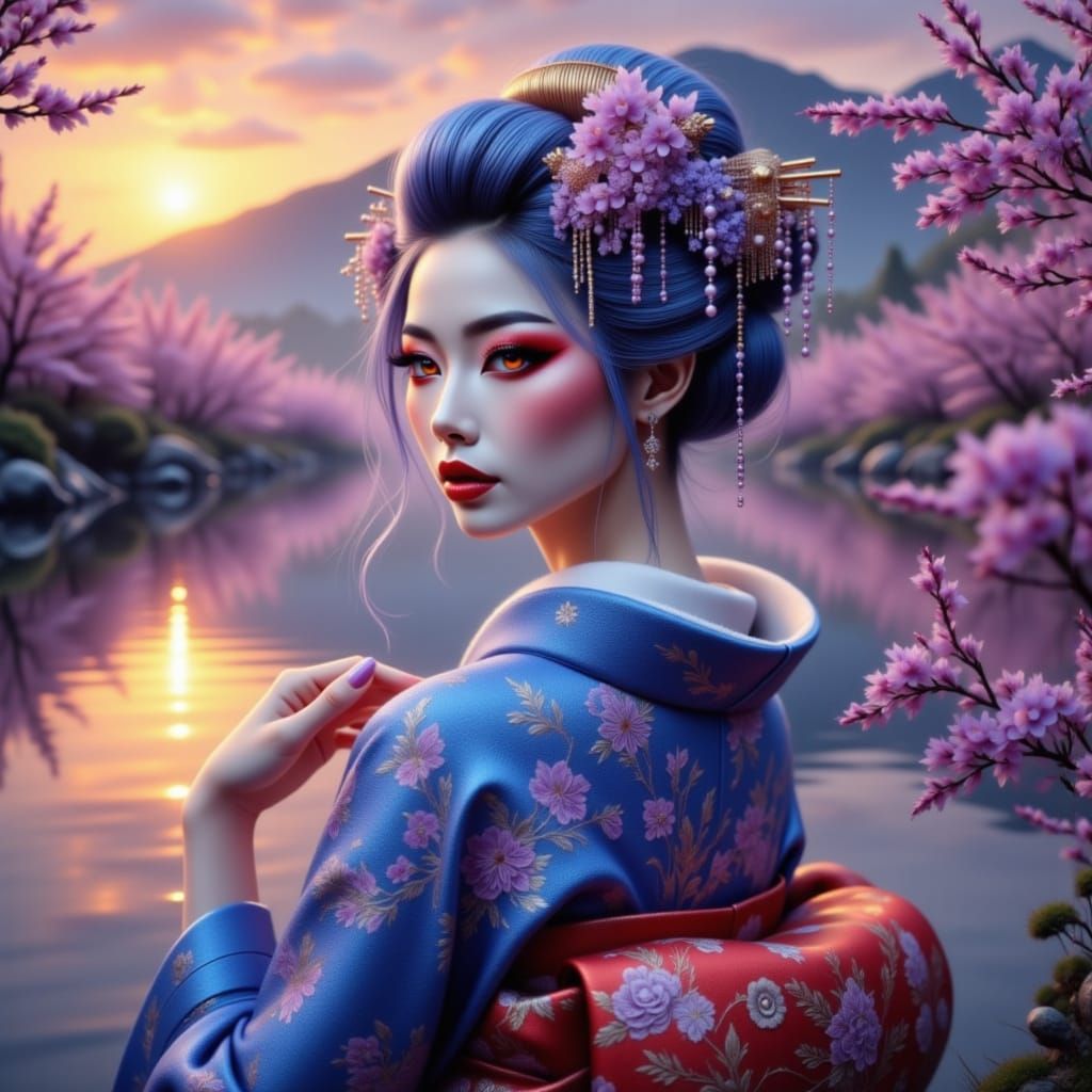 Elegant Geisha by Lake at Sunset in Silver Kimono