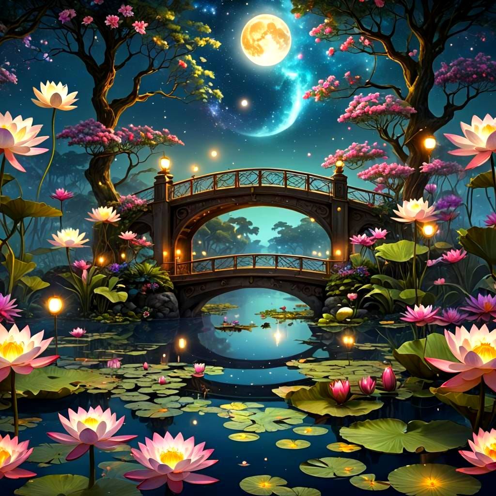 Fractal Exotic elegance bridge, waterlilies, flowers, lights...