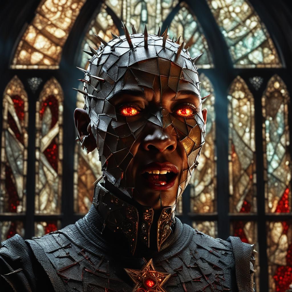 Female Pinhead Screaming Before Shattered Glass