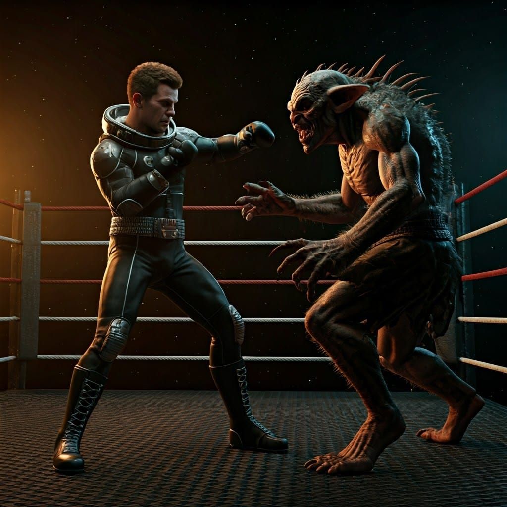 Astronaut Battles Goblin in Zero-Gravity Boxing Ring