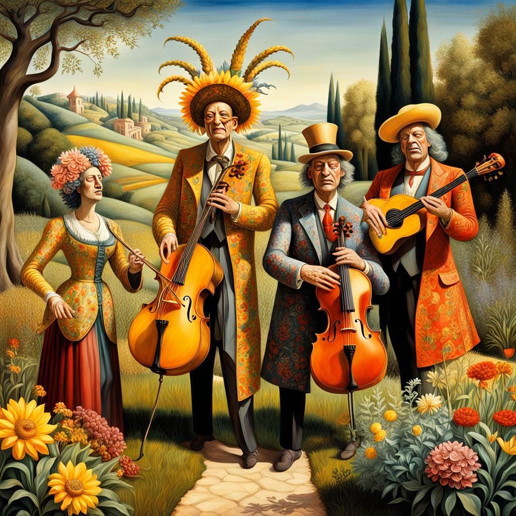 Musicians in a Landscape: Oil Painting Style