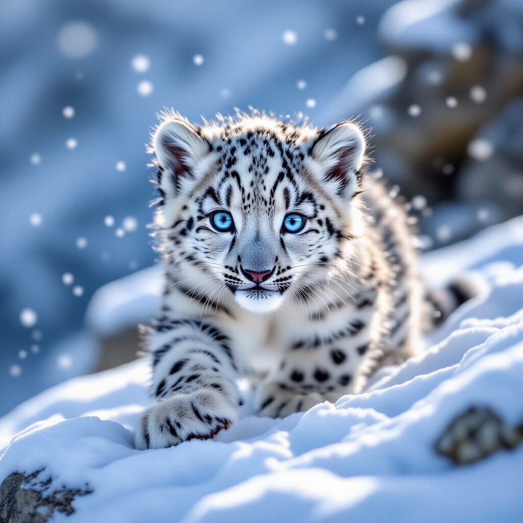 Fluffy Snow Leopard Cub in Alpine Snow
