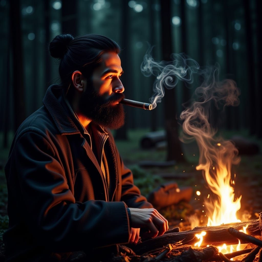 Hyperrealistic Samurai in Dark Forest at Night