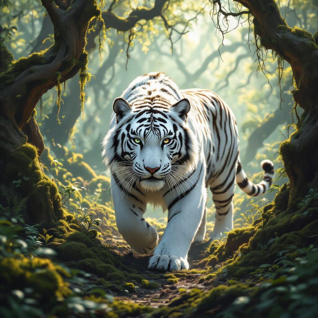 A majestic white tiger with fur like spun moonlight, prowling through an ancient, overgrown forest. The trees are ancien...