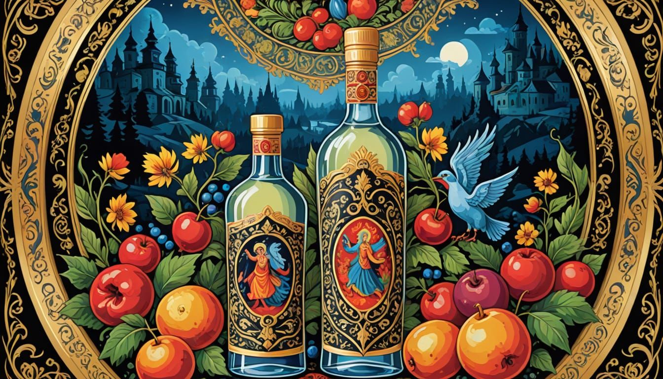 Vodka Label in Palekh Art Style