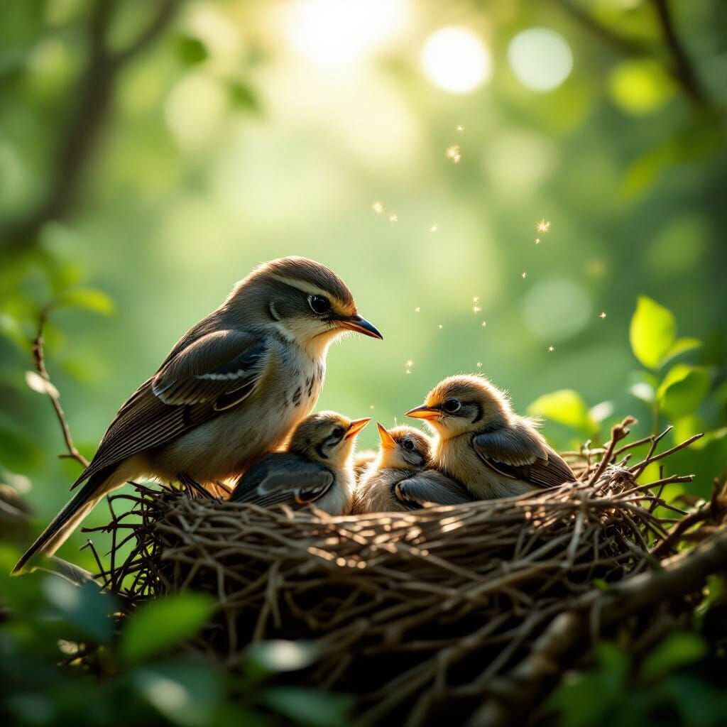 Mother Bird Feeding Chicks in Sunlit Forest