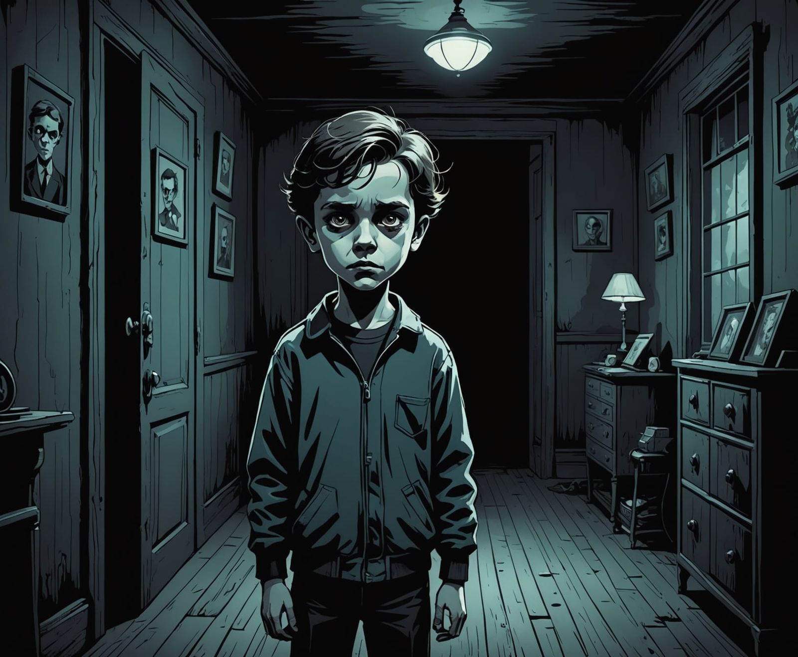 Sinister Boy with Voltage Eyes in Gloomy Room