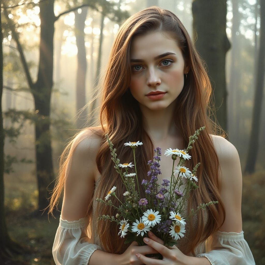 Woman with Flowers in Waterhouse Style Forest