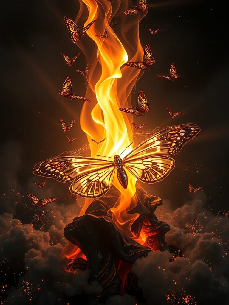 Bioluminescent Lunar Moths Swirl Around Crystal Flames