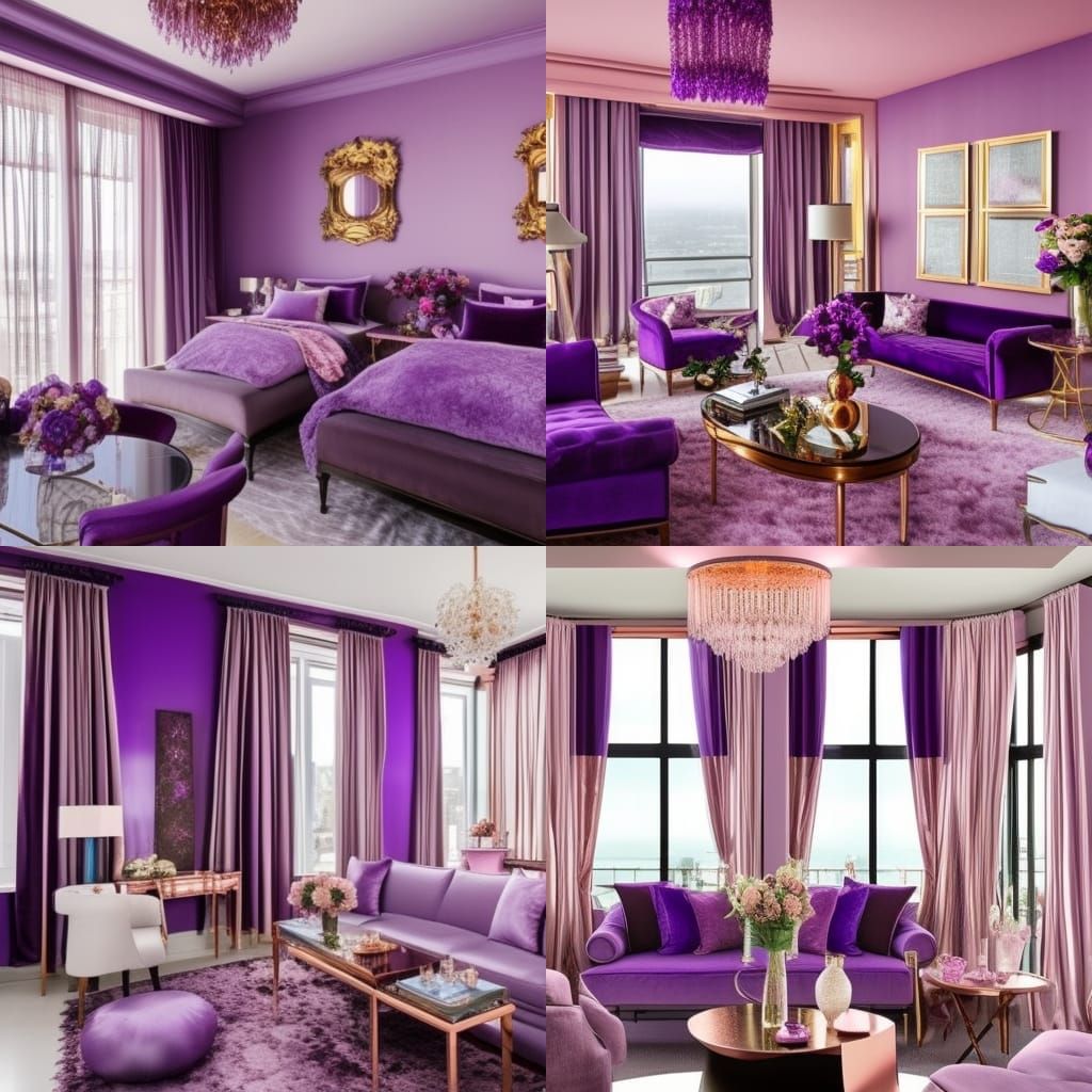 romantic penthouse with purple walls with Rose gold accents& rose gold windows with beautiful view& lavender curtains& r...