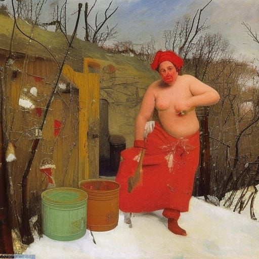 Bathhouse Scene in Style of Dix and Repin