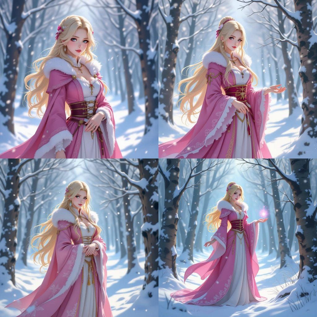 Regal Sorceress in Snowy Woods, Anime Art Style