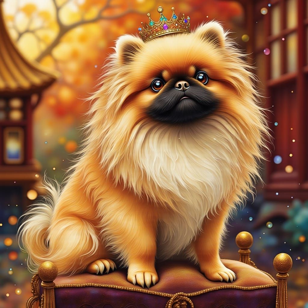 Fluffy Pekingese Dog with Lion's Mane and Crown