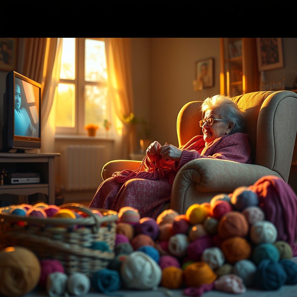 Cozy Grandmother's Golden Hour Knitting Nook