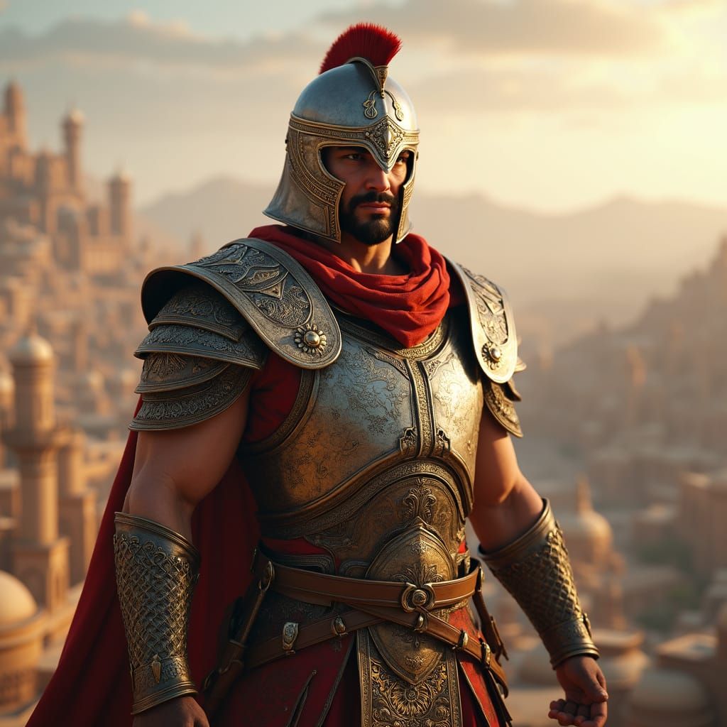 Epic Persian Warrior in Ancient Cityscape, 3D Render