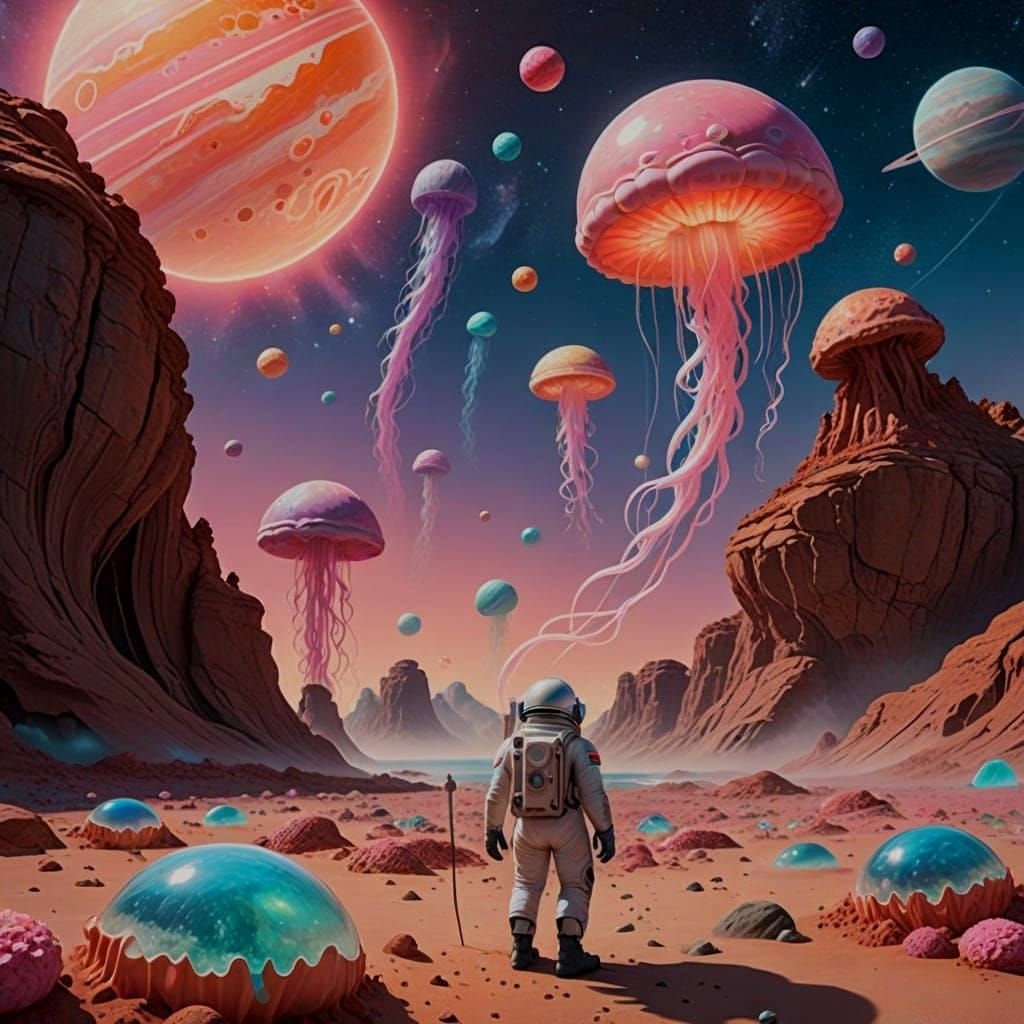 Surreal Frontier Flag in Whimsical Sci-Fi Landscape