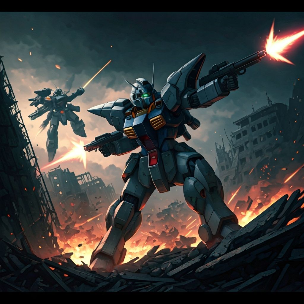Mecha Anime Battle Amidst Urban Ruins