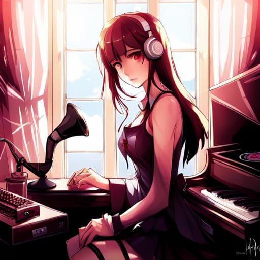 Goth Girl Surrounded by Audio Equipment in Anime Style