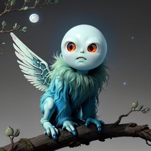 Cute Alien Creature on Branch as 3D Render