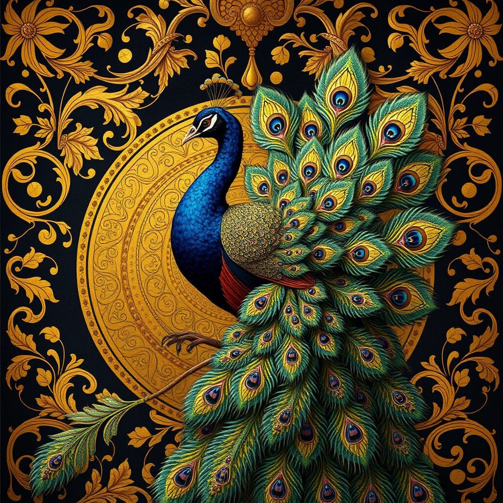 Ornate Peacock with Gilded Floral Background in Art Nouveau ...