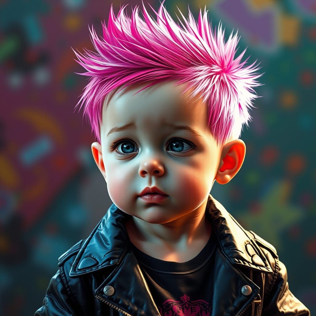Punk Baby with Pink Hair in Splash Art Style
