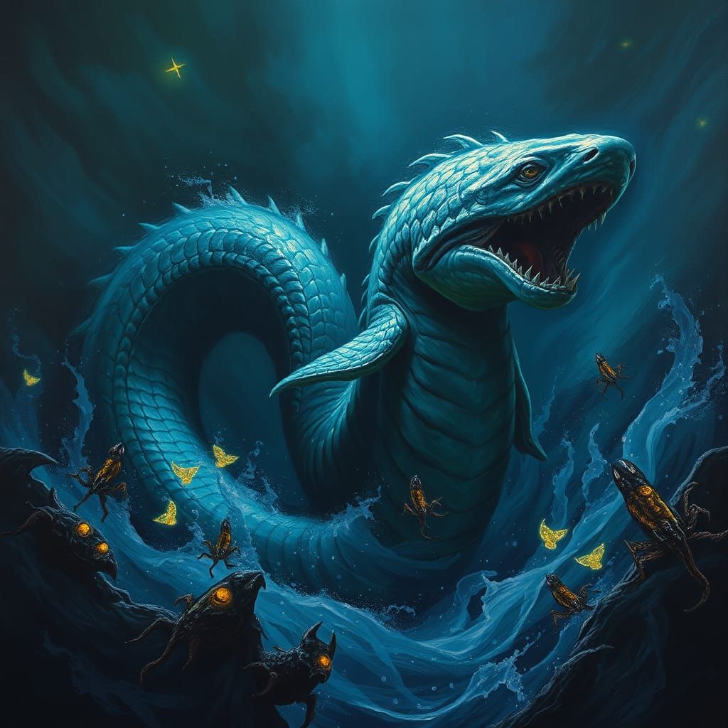 Majestic Serpent-Shark Emerges from Bioluminescent Depths