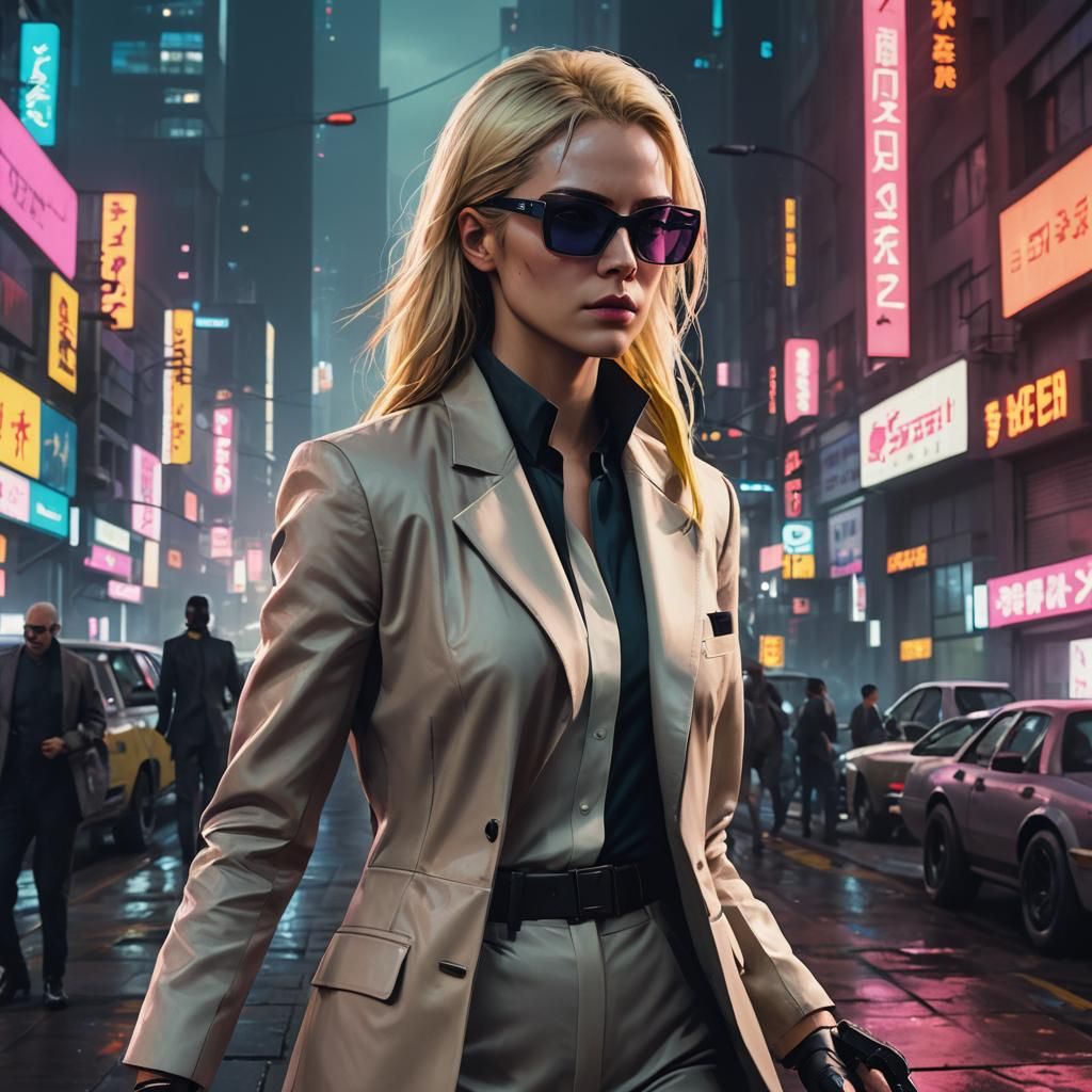 Blonde Businesswoman in Cyberpunk City with Neon